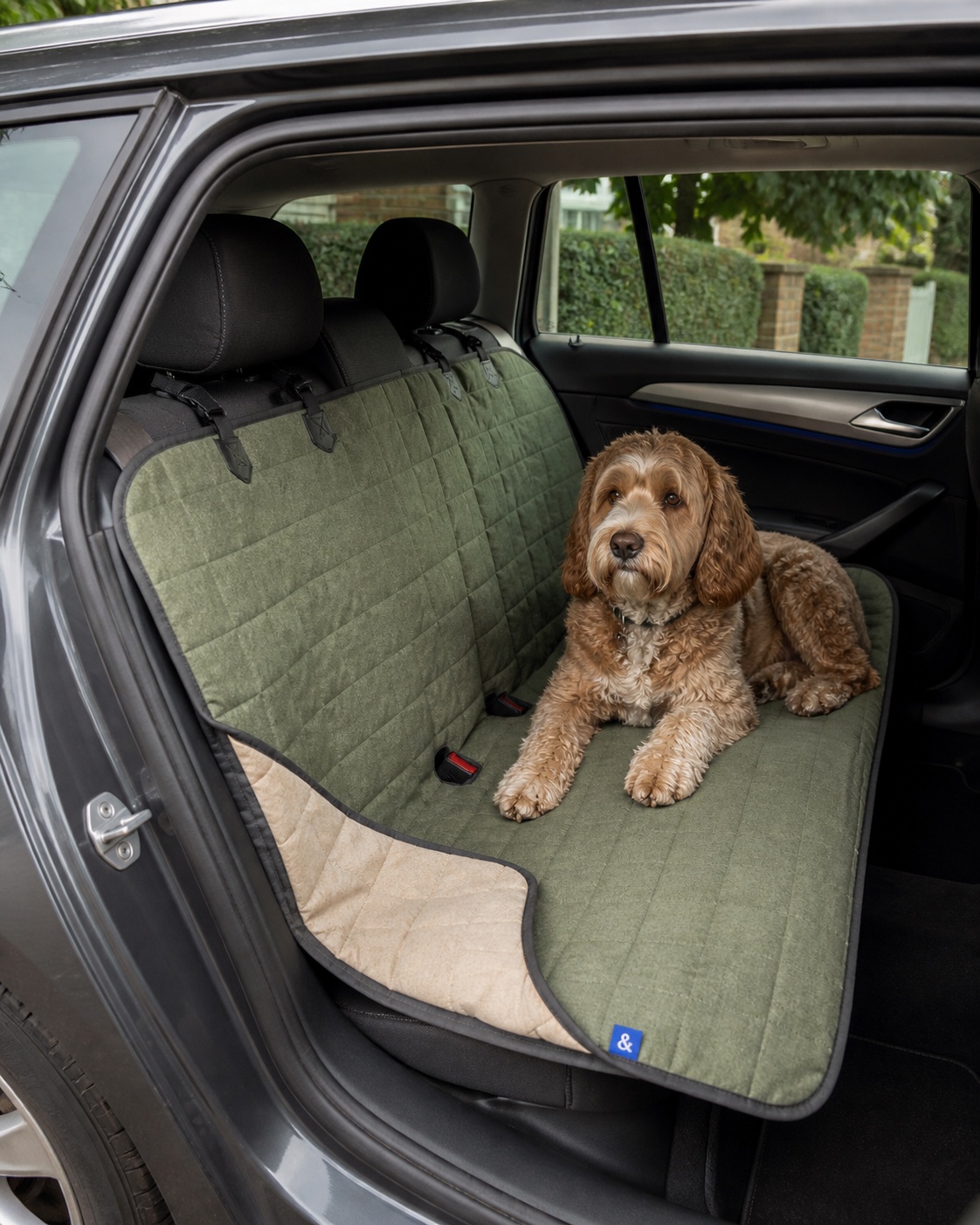 Medium dog sitting on the moss and oat Car Blanket in a family estate car