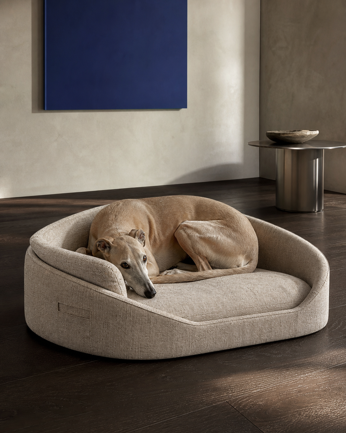 Large sand greyhound curled in the flax Cove Bed