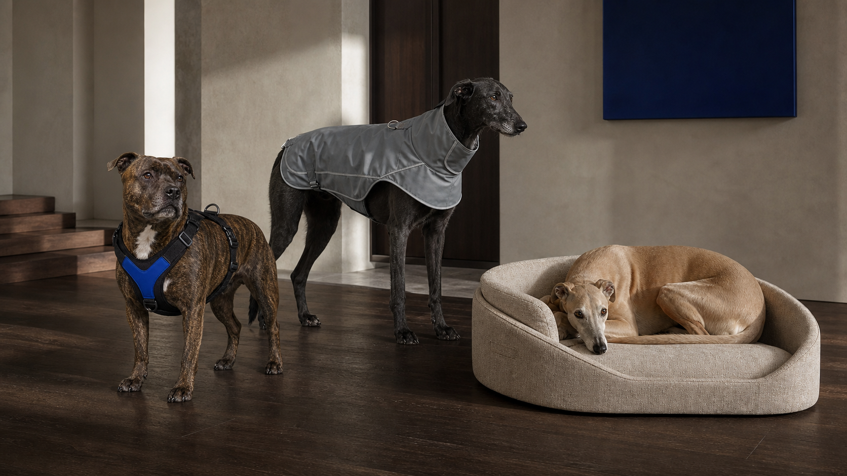 A staffy in the Form Harness, a lurcher in the Weather Shell and a whippet resting in the Cove Bed