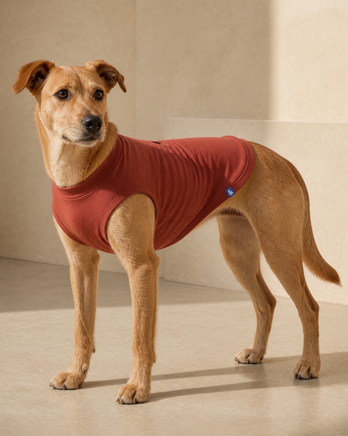 Tan mixed-breed dog wearing the rust Jersey Tee with cobalt woven label
